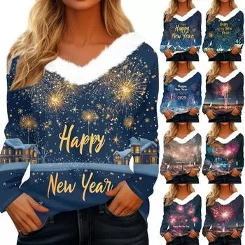 Женская рождественская рубашка с длинным рукавом и принтом V-образным вырезом, повседневная свободная футболка, топы XXL синий