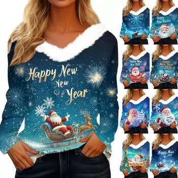 Женская рождественская рубашка с длинным рукавом и принтом V-образным вырезом, повседневная свободная футболка, топы XXXL