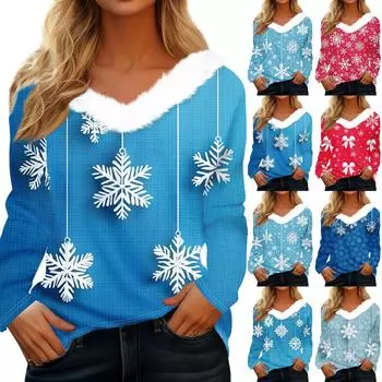Женская рождественская рубашка с длинным рукавом и принтом снежинок, повседневные свободные футболки с V-образным вырезом XXL синий