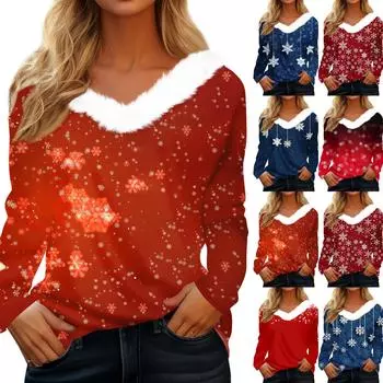 Женская рождественская рубашка с длинным рукавом и принтом снежинок, повседневные свободные футболки с V-образным вырезом XXL