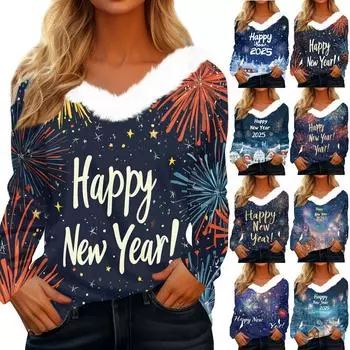 Женская рождественская рубашка с длинным рукавом и принтом V-образным вырезом, повседневная свободная футболка, топы L чёрный