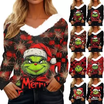 Женская рождественская рубашка с длинным рукавом и принтом V-образным вырезом, повседневная свободная футболка, топы L