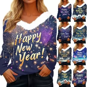 Женская рождественская рубашка с длинным рукавом и принтом V-образным вырезом, повседневная свободная футболка, топы L чёрный