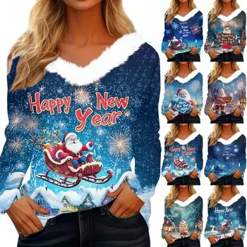 Женская рождественская рубашка с длинным рукавом и принтом V-образным вырезом, повседневная свободная футболка, топы S красный