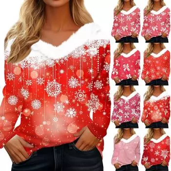 Женская рождественская рубашка с длинным рукавом и принтом снежинок, повседневные свободные футболки с V-образным вырезом M красный