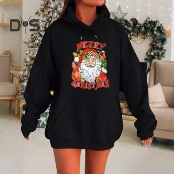 Женская рождественская толстовка с капюшоном с принтом Санта-Клауса, свободная, толстая, с длинными рукавами, эластичными манжетами и подолом, праздничная толстовка с капюшоном на шнурке и карманом XXXL розовый