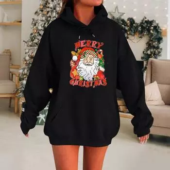 Женская рождественская толстовка с капюшоном с принтом Санта-Клауса, свободная, толстая, с длинными рукавами, эластичными манжетами и подолом, праздничная толстовка с капюшоном на шнурке и карманом XXXL