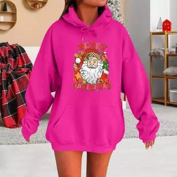 Женская рождественская толстовка с капюшоном с рисунком Санта-Клауса, свободная, толстая, с длинными рукавами, с капюшоном и резинкой XXXL темно-зеленого