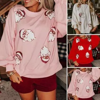 Женская рождественская толстовка с круглым вырезом и пайетками, узором Санты, свободная, с длинными рукавами-фонариками, пуловер, сохраняющий тепло, для вечеринки в Новый год XL белый