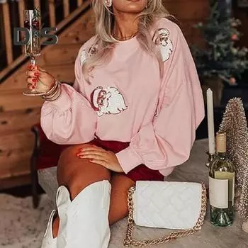 Женская рождественская толстовка с круглым вырезом и пайетками, узором Санты, свободная, с длинными рукавами-фонариками, пуловер, сохраняющий тепло, для вечеринки в Новый год M красный