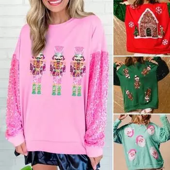 Женская рождественская толстовка с пайетками и рисунком в виде мультфильма, с круглым вырезом, длинным рукавом, свободный пуловер средней длины, праздничный топ для вечеринки S розовый