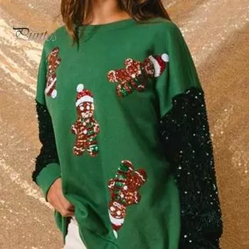 Женская рождественская толстовка с пайетками и рисунком в виде мультфильма, с круглым вырезом, длинным рукавом, свободный пуловер средней длины, праздничный топ для вечеринки XXL светло-фиолетовый