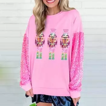 Женская рождественская толстовка с пайетками и рисунком в виде мультфильма, с круглым вырезом, длинным рукавом, свободный пуловер средней длины, праздничный топ для вечеринки S светло-фиолетовый