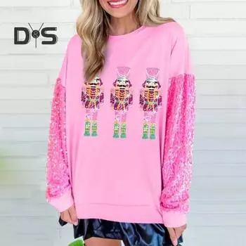 Женская рождественская толстовка с пайетками и рисунком в виде мультфильма, с круглым вырезом, длинным рукавом, свободный пуловер средней длины, праздничный топ для вечеринки XXL светло-фиолетовый