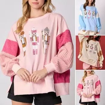 Женская рождественская толстовка с пайетками, мультяшным рисунком, разрезом по низу, цветным блоком, круглым вырезом, длинным рукавом, свободным пуловером средней длины, праздничным топом для вечеринки S небесно-голубой