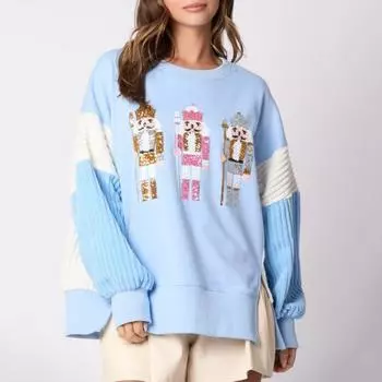 Женская рождественская толстовка с пайетками, мультяшным рисунком, разрезом по низу, цветным блоком, круглым вырезом, длинным рукавом, свободным пуловером средней длины, праздничным топом для вечеринки S розовый