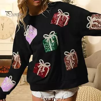 Женская рождественская толстовка с пайетками, подарочная коробка, узор, цветной круглый вырез, длинный рукав, свободный пуловер средней длины, праздничный топ для вечеринки S красный