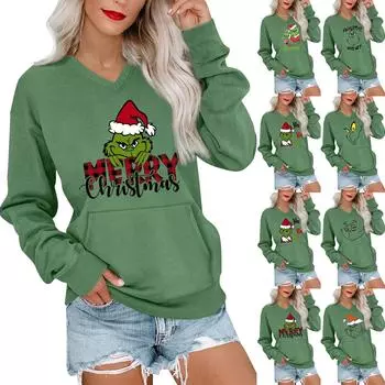 Женская рождественская толстовка с V-образным вырезом, длинный рукав, повседневный легкий пуловер S красный