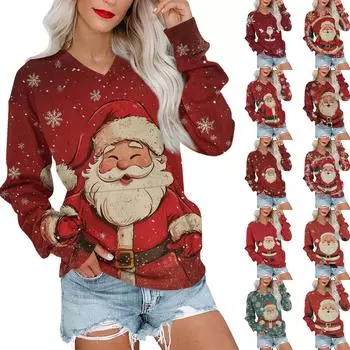 Женская рождественская толстовка с V-образным вырезом, длинный рукав, повседневный легкий пуловер XXL