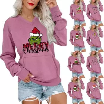 Женская рождественская толстовка с V-образным вырезом, длинный рукав, повседневный легкий пуловер XXL розовый