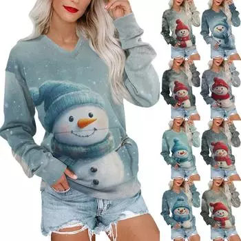 Женская рождественская толстовка с V-образным вырезом, длинный рукав, повседневный легкий пуловер XL