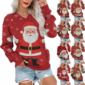 Женская рождественская толстовка с V-образным вырезом, длинный рукав, повседневный легкий пуловер XXL