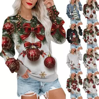 Женская рождественская толстовка с V-образным вырезом, длинный рукав, повседневный легкий пуловер S
