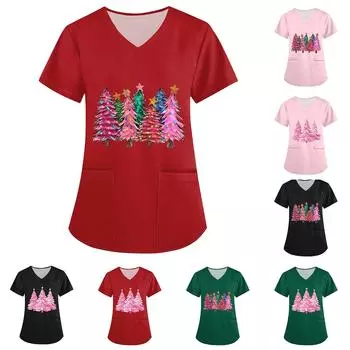 Женская рождественская униформа с принтом, рабочая униформа, защитная рабочая форма с карманом и v-образным вырезом XXXXL зелёный