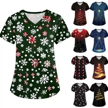 Женская рождественская униформа с принтом, рабочая униформа, защитная рабочая форма с карманом и v-образным вырезом XXL