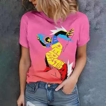 Женская розовая футболка с абстрактным дизайном персонажей - повседневный стиль в стиле модерн, летняя, с круглым вырезом и коротким рукавом S
