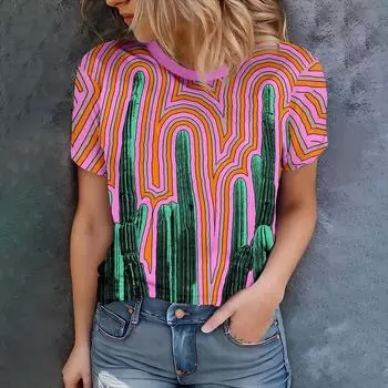 Женская розовая футболка с абстрактным геометрическим рисунком и рисунком кактусов - Современный повседневный стиль в стиле арт-хаус, летняя, с круглым вырезом и коротким рукавом S