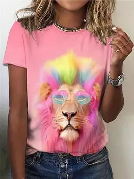 Женская розовая футболка с принтом льва, повседневный топ с короткими рукавами и круглым вырезом на весну и лето XXS