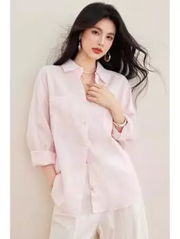 Женская розовая льняная рубашка-куртка с длинным рукавом - Свободный крой, Смесь хлопка Medium светло-розовый