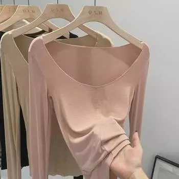 «Женская розовая облегающая футболка на одно плечо с длинным рукавом — ранняя весна 2024 г.» L абрикосовый