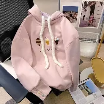 Женская розовая толстовка с капюшоном, свободный пуловер с вышитым рисунком, цветные пуговицы и шнурок, женская одежда M розовый