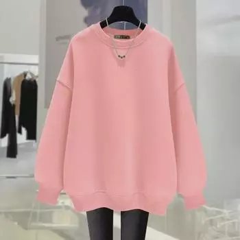 Женская розовая толстовка с круглым вырезом на бархатной подкладке - европейский свободный пуловер на осень/зиму 2024 года M