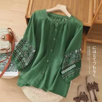 Женская рубашка 2024 года из хлопка и льна с вышивкой в стиле ретро на пуговицах и рукавами-фонариками L (100-115 cm height) белый