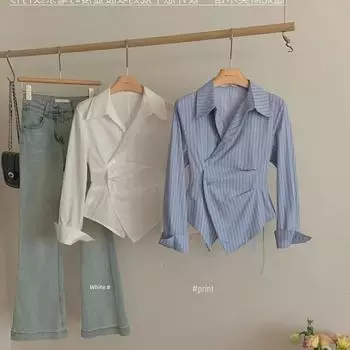 Женская рубашка 2024 года в полоску с нестандартной талией, длинными рукавами и воротником-лацканами Large