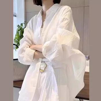 Женская рубашка Белая рубашка Женский темперамент Свободная маленькая рубашка Рубашка Рубашка Солнцезащитный кардиган Блузка с длинными рукавами Темперамент Элегантный модный топ S белый