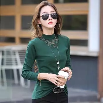 Женская рубашка без наполнителя, модная, с длинными рукавами и полувысоким воротом, большой размер, универсальная, модная, теплая внутренняя кофта на осень и зиму S чёрный