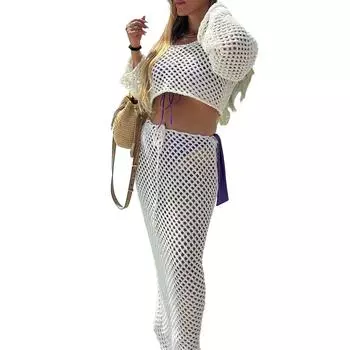 Женская рубашка без талии с длинным рукавом, высокая талия, юбка до бедра, сексуальный комплект из двух предметов S белый