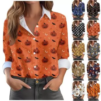 Женская рубашка-блузка Хэллоуин с принтом на пуговицах с длинным рукавом Повседневная базовая рубашечный воротник Обычный топ XL имбирный