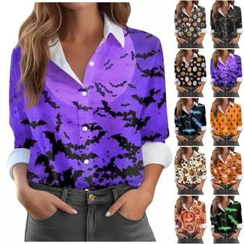 Женская рубашка-блузка Хэллоуин с принтом на пуговицах с длинным рукавом Повседневная базовая рубашечный воротник Обычный топ L бежевый