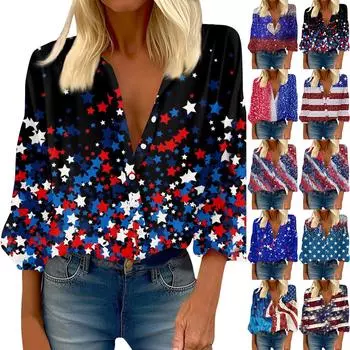 Женская рубашка-блузка Independent Day с принтом на пуговицах, повседневный винтажный модный топ с круглым вырезом и рукавами 3/4 L чёрный