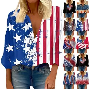 Женская рубашка-блузка Independent Day с принтом на пуговицах, повседневный винтажный модный топ с круглым вырезом и рукавами 3/4 L чёрный