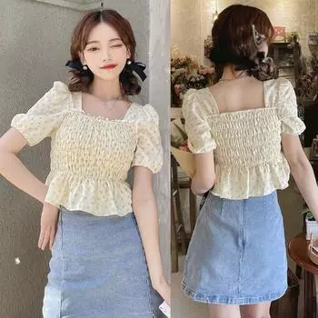 Женская рубашка Блузка Кружевная строчка Сладкий Тонкий Цветочный принт