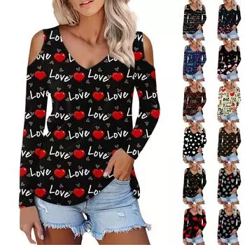 Женская рубашка блузка мода повседневная V-образный вырез День святого Валентина. Сексуальные топы с открытыми плечами и длинными рукавами с принтом L чёрный