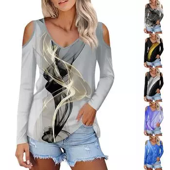 Женская рубашка, блузка, модные повседневные топы с v-образным вырезом и принтом, сексуальные топы с длинными рукавами и открытыми плечами XXL синий