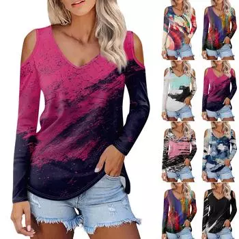Женская рубашка, блузка, модные повседневные топы с v-образным вырезом и принтом, сексуальные топы с длинными рукавами и открытыми плечами XXL