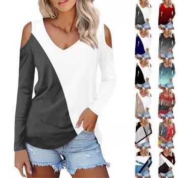 Женская рубашка, блузка, модные повседневные топы с v-образным вырезом и принтом, сексуальные топы с длинными рукавами и открытыми плечами L